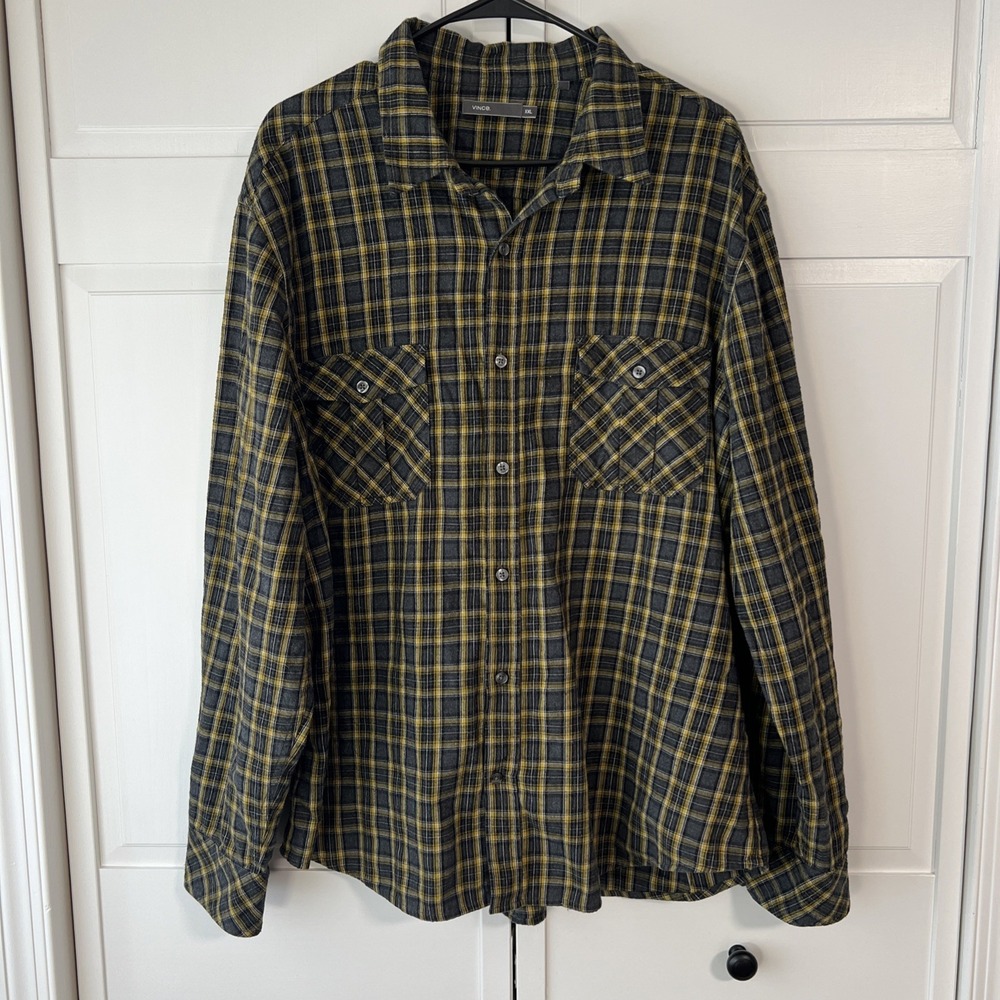 Vince Mens Yellow Black Plaid Button Down Cotton Flannel Shirt XXL
